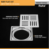 Ruby Square Flat Cut 304-Grade Floor Drain (6 x 6 Inches) with drain frame and removable grating