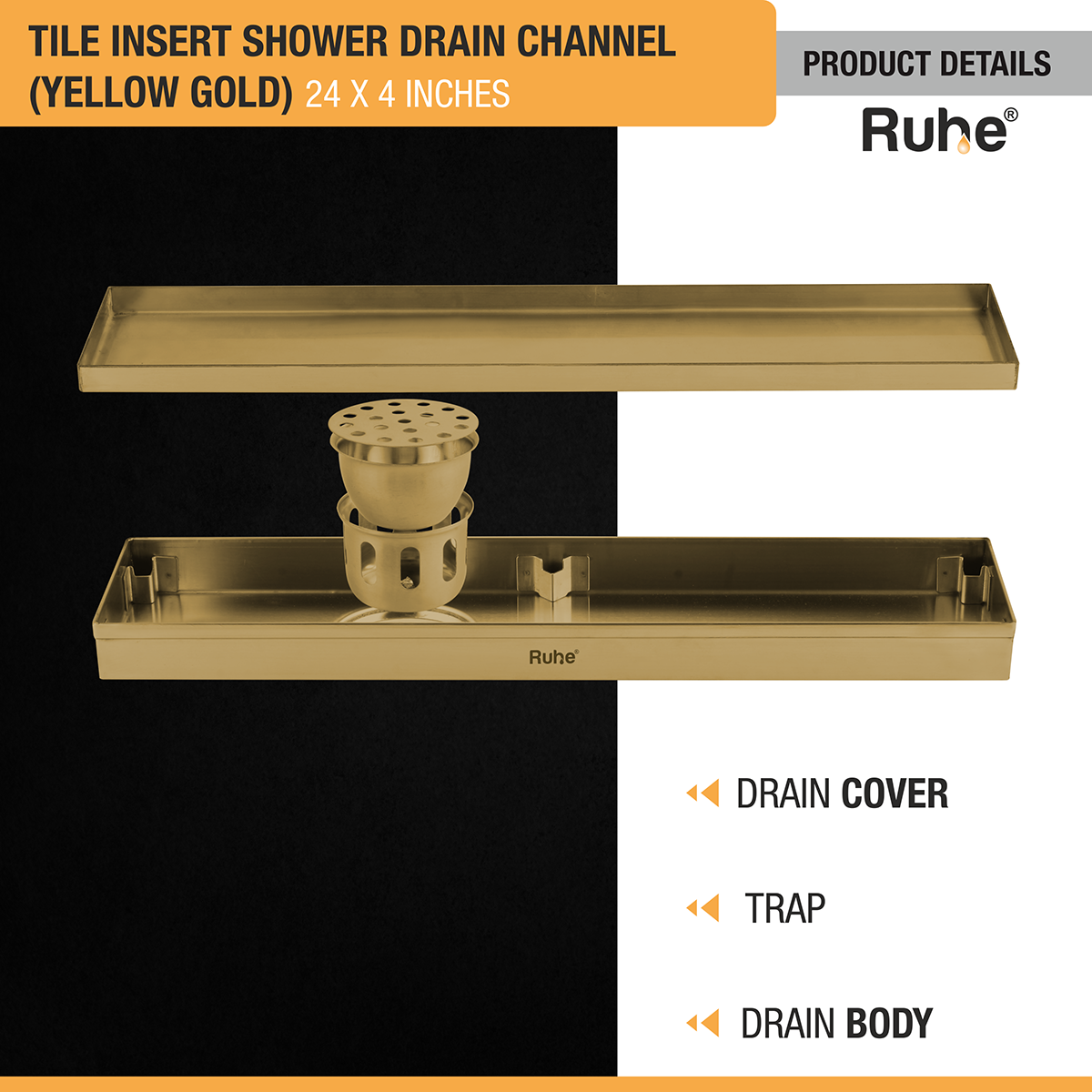 Tile Insert Shower Drain Channel (24 x 4 Inches) YELLOW GOLD PVD Coated - by Ruhe®