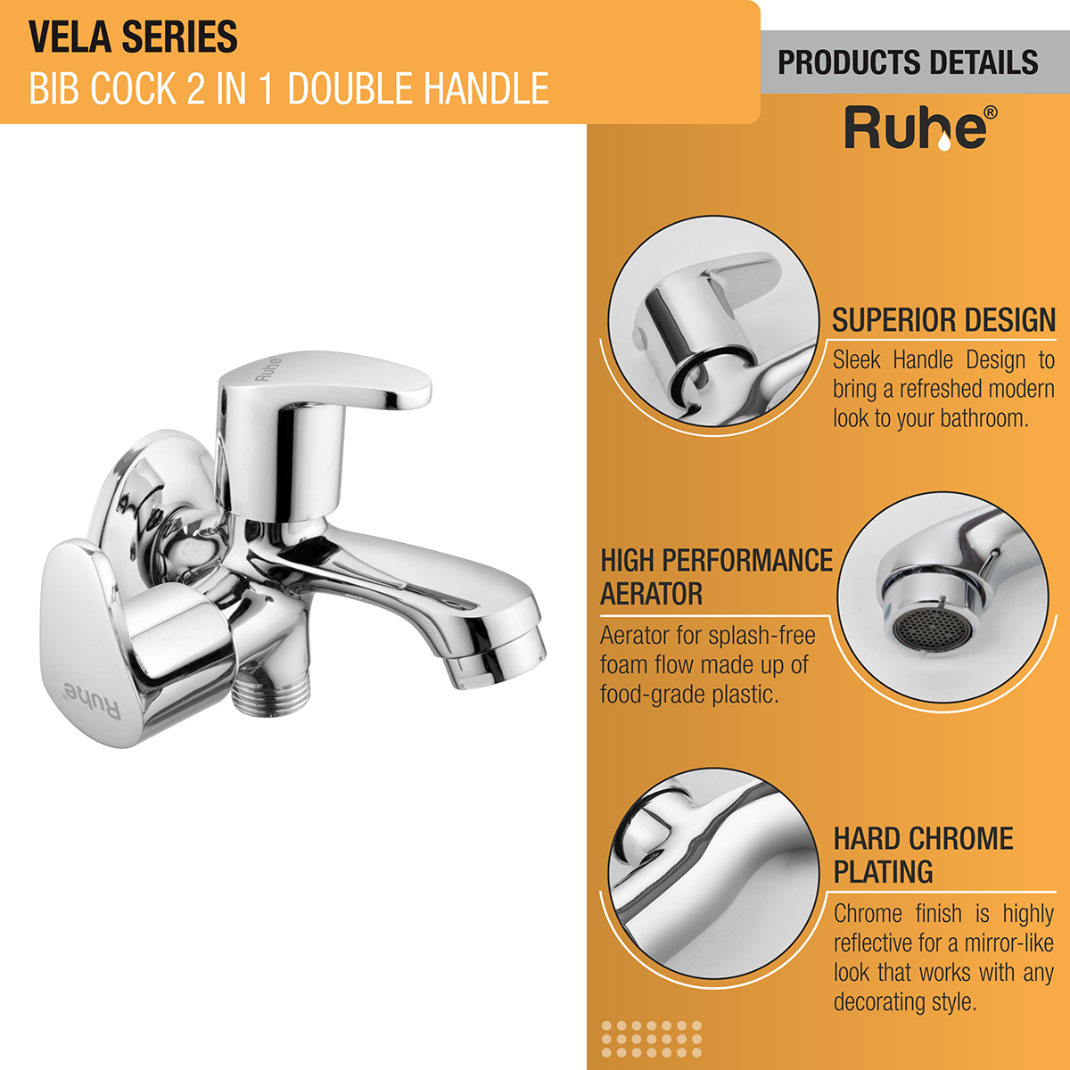 Vela Two Way Bib Tap Brass Faucet (Double Handle) - by Ruhe®
