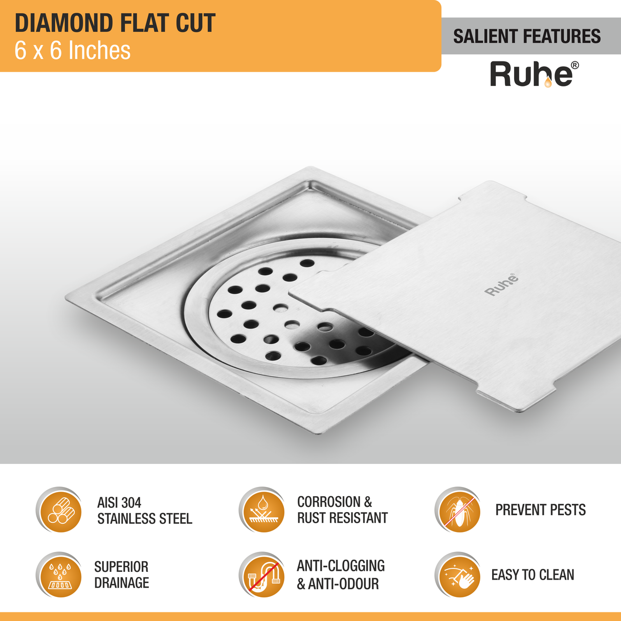 Diamond Square Flat Cut 304-Grade Floor Drain with Cockroach Trap (6 x 6 Inches) - by Ruhe