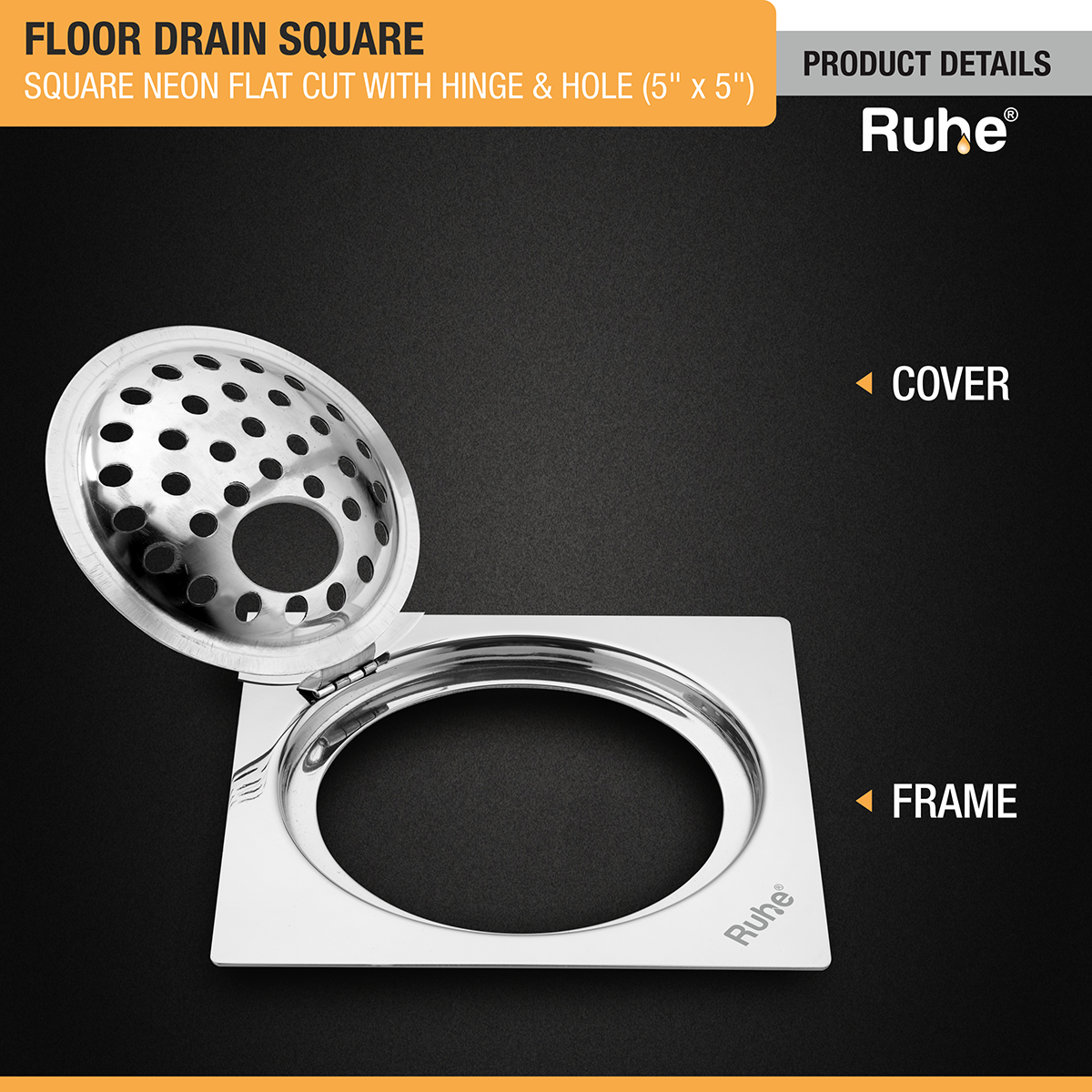 Neon Square Flat Cut Floor Drain (5 x 5 inches) with Hole and Hinged Grating Top - by Ruhe®