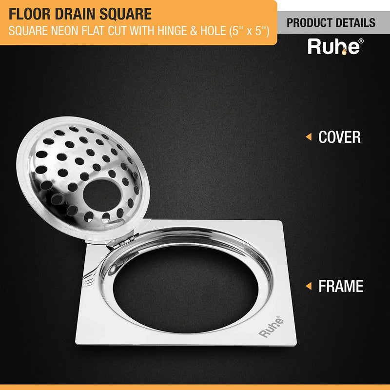 Neon Square Flat Cut Floor Drain (5 x 5 inches) with Hole and Hinged Grating Top - by Ruhe