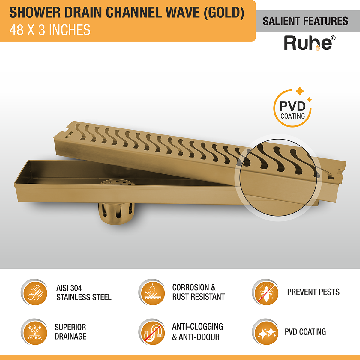 Wave Shower Drain Channel (48 x 3 Inches) YELLOW GOLD PVD Coated - by Ruhe®