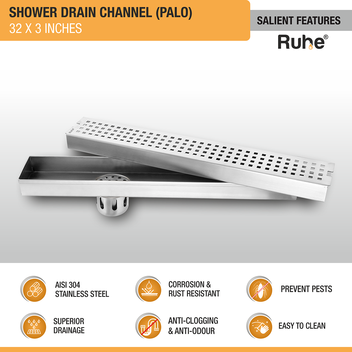 Palo Shower Drain Channel (32 x 3 Inches) with Cockroach Trap (304 Grade) - by Ruhe®