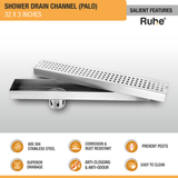 Palo Shower Drain Channel (32 x 3 Inches) with Cockroach Trap (304 Grade) features