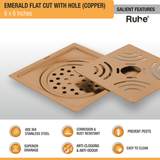 Emerald Square Flat Cut Floor Drain in Antique Copper PVD Coating (6 x 6 Inches) with Hole features