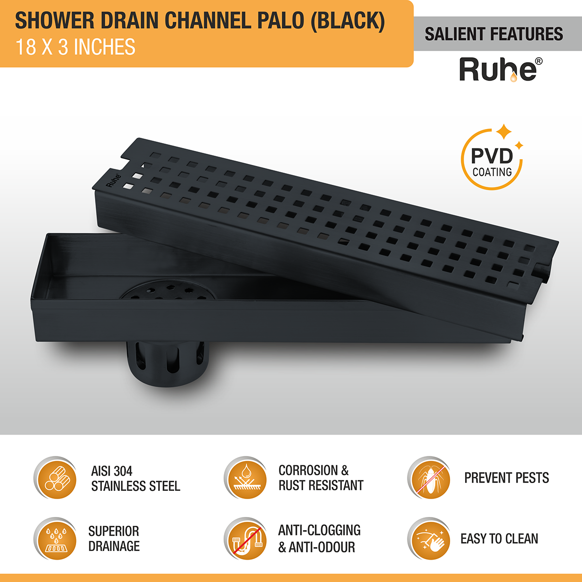 Palo Shower Drain Channel (18 x 3 Inches) Black PVD Coated - by Ruhe®