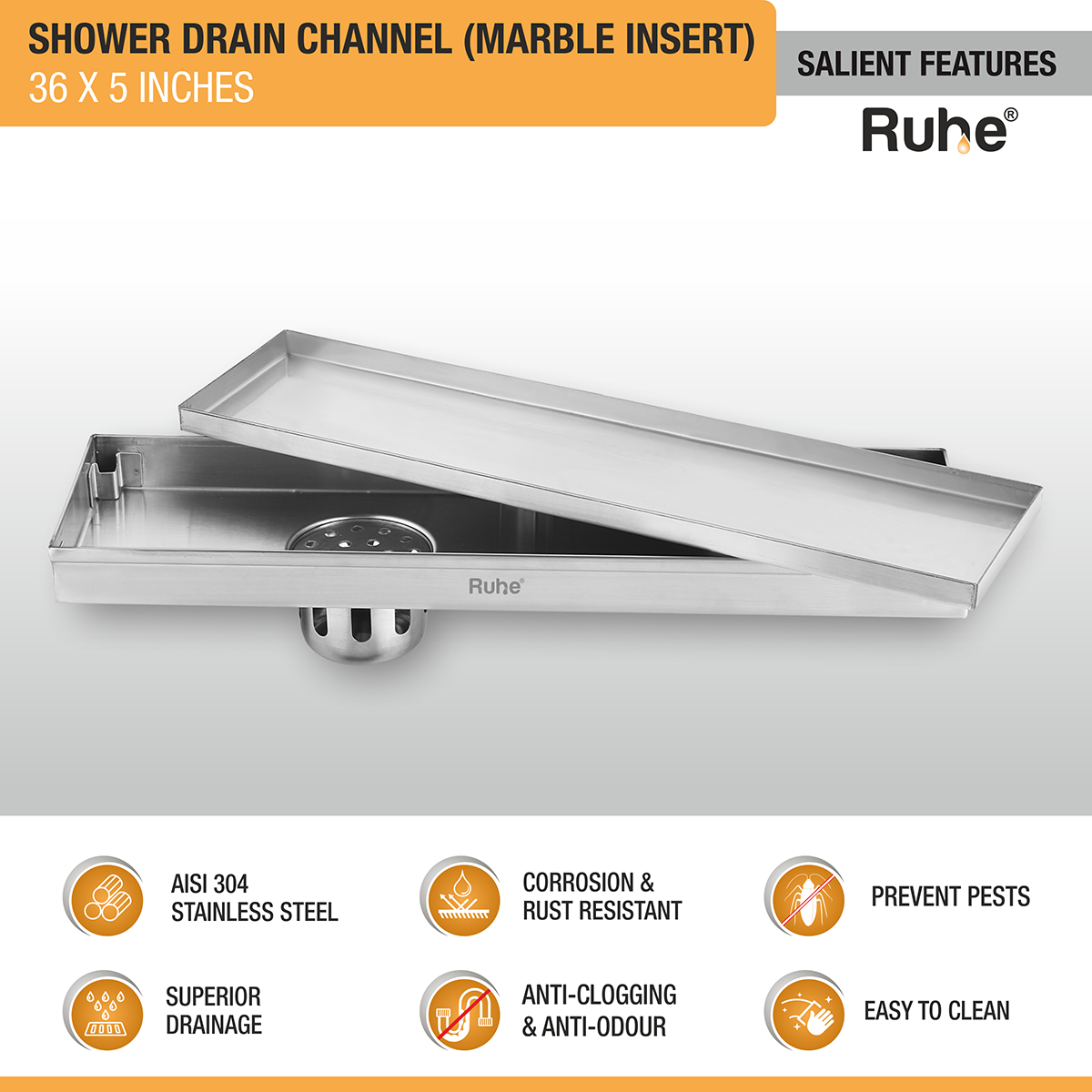 Marble Insert Shower Drain Channel (36 x 5 Inches) with Cockroach Trap (304 Grade) - by Ruhe®