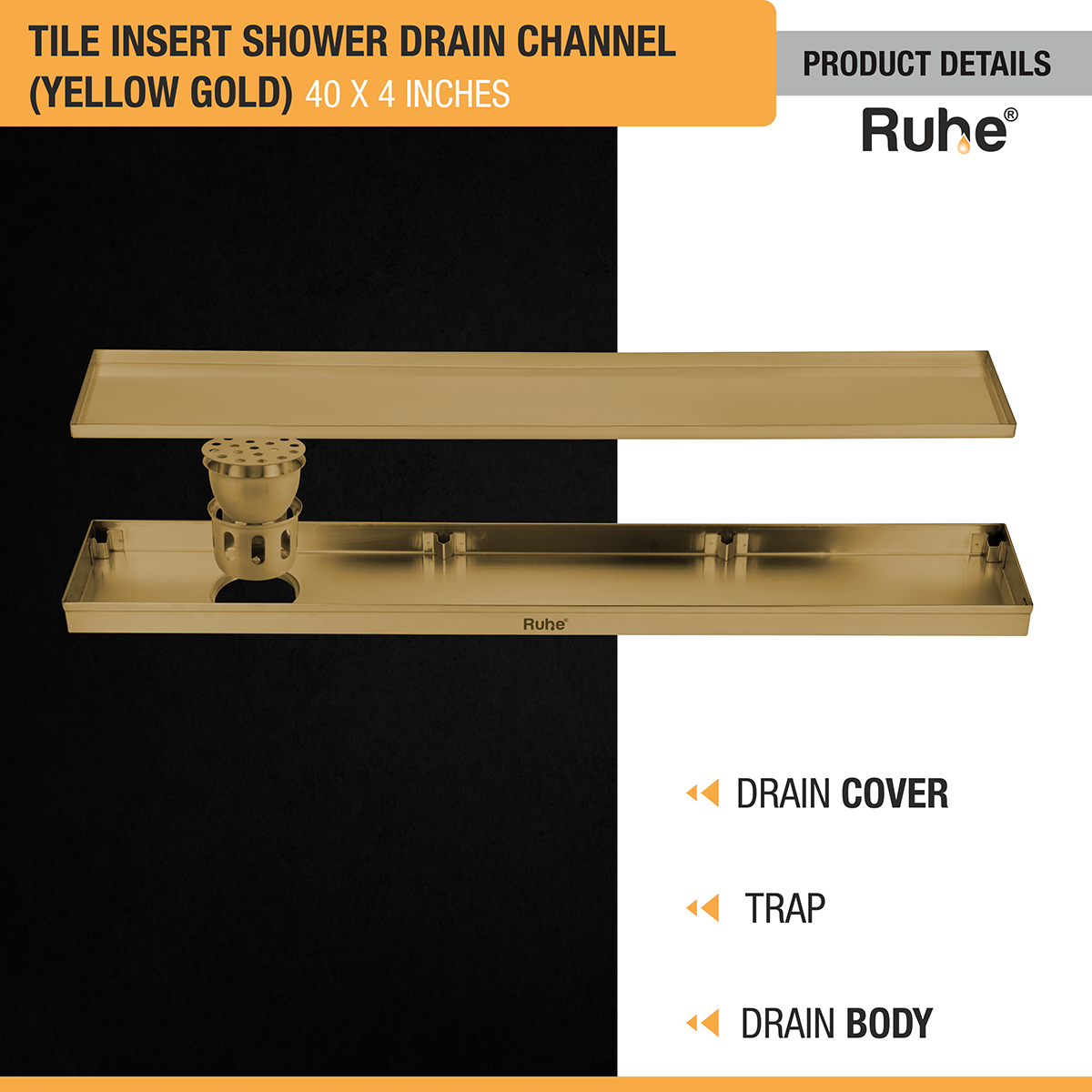 Tile Insert Shower Drain Channel (40 x 4 Inches) YELLOW GOLD PVD Coated - by Ruhe®