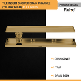 Tile Insert Shower Drain Channel (40 x 4 Inches) YELLOW GOLD PVD Coated with drain cover, insect trap, drain body