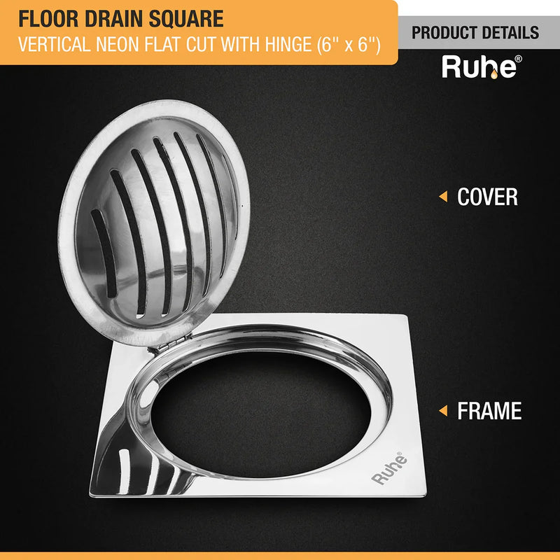 Vertical Neon Square Flat Cut Floor Drain (6 x 6 inches) with Hinged Grating Top- by Ruhe