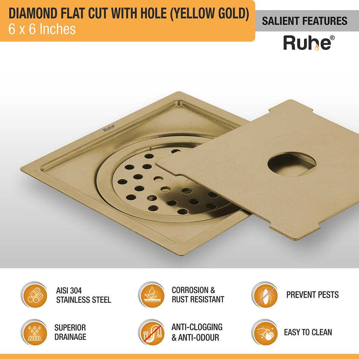 Diamond Square Flat Cut Floor Drain in Yellow Gold PVD Coating (6 x 6 Inches) with Hole features