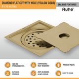 Diamond Square Flat Cut Floor Drain in Yellow Gold PVD Coating (6 x 6 Inches) with Hole features