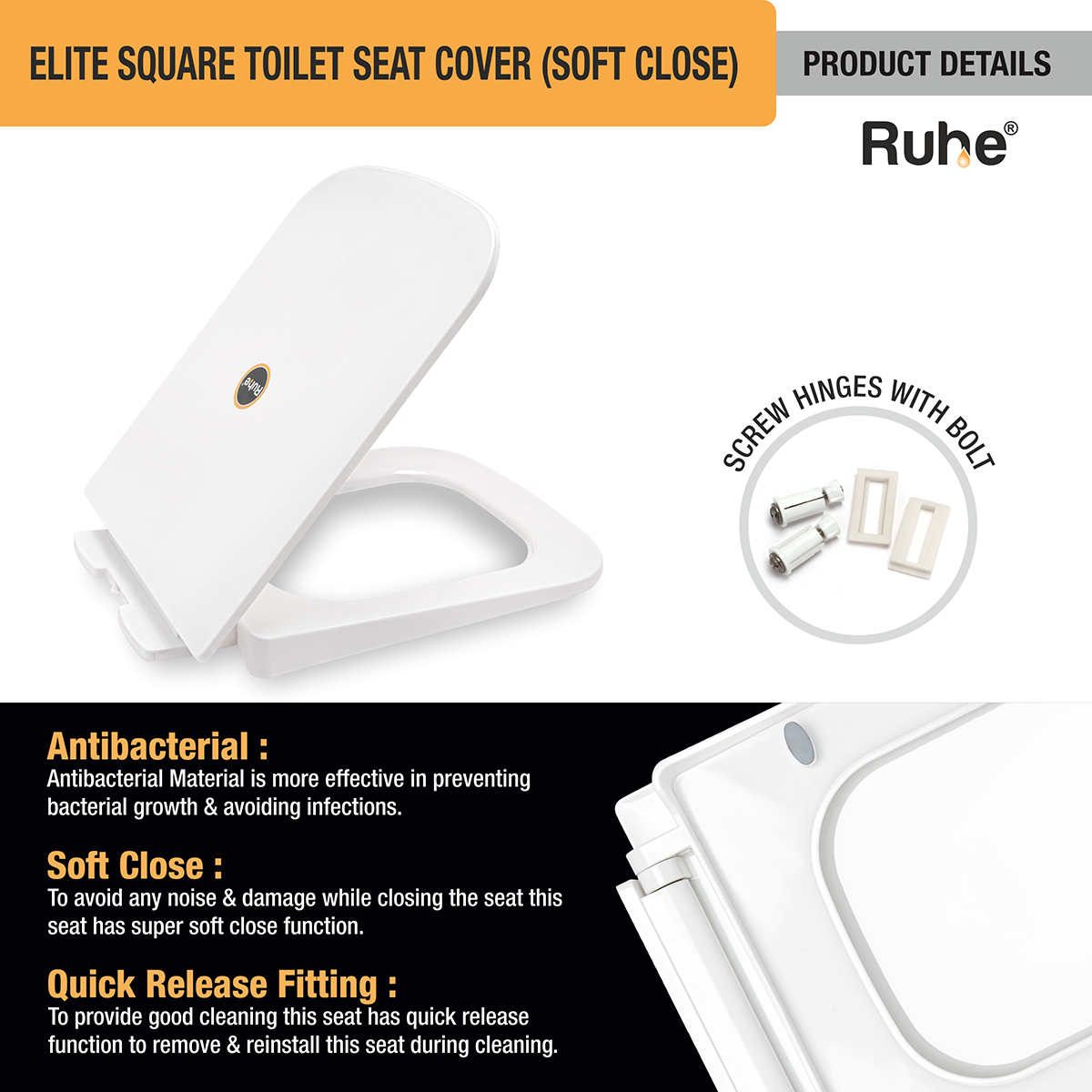 Elite Square Toilet Seat Cover (Soft Close) -  by Ruhe®