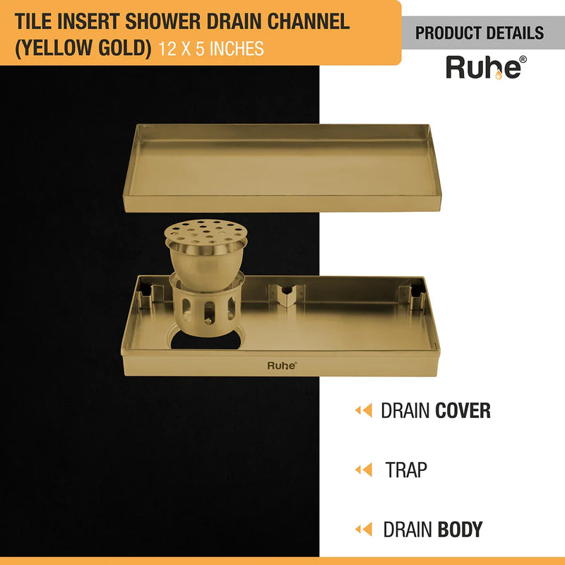 Tile Insert Shower Drain Channel (12 x 5 Inches) YELLOW GOLD PVD Coated - by Ruhe