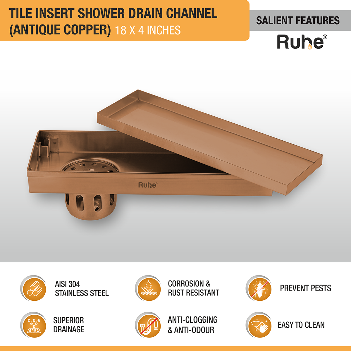 Tile Insert Shower Drain Channel (18 x 4 Inches) ROSE GOLD PVD Coated - by Ruhe®