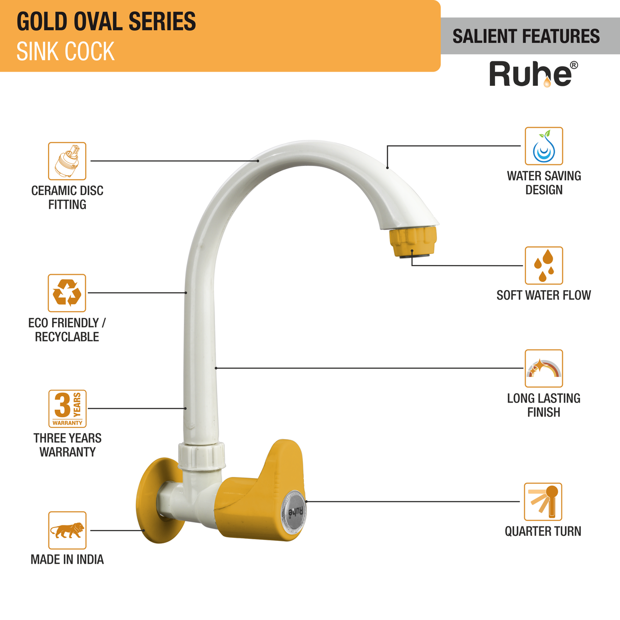 Gold Oval Sink Tap with Swivel Spout PTMT Faucet - by Ruhe®