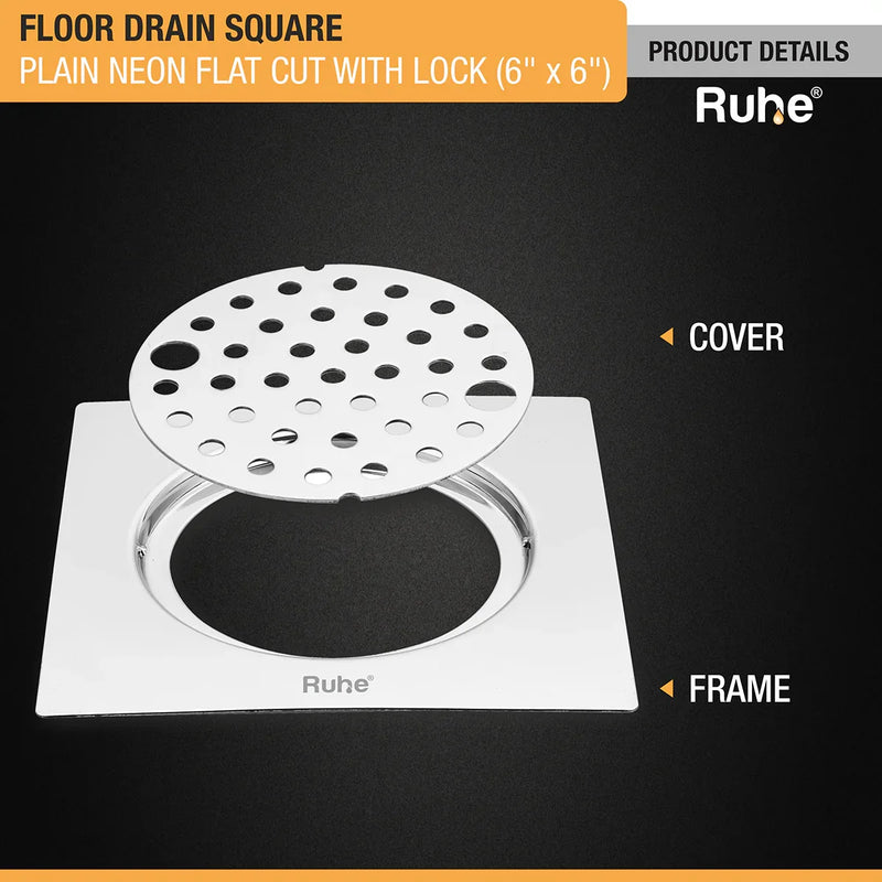Plain Neon Square Flat Cut Floor Drain (6 x 6 inches) with Lock - by Ruhe