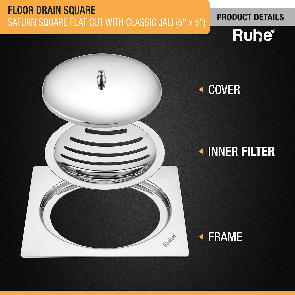 Saturn Classic Jali Square Flat Cut Floor Drain (5 x 5 Inches) with Lid - by Ruhe®