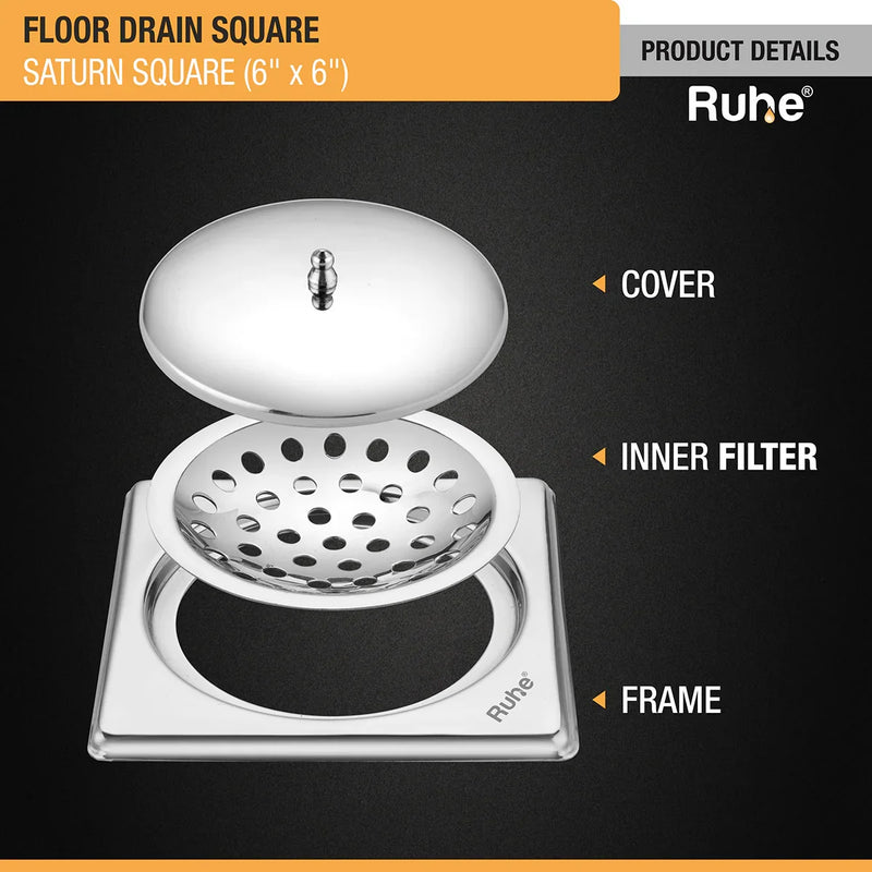Saturn Square Floor Drain (6 x 6 Inches) with Lid - by Ruhe