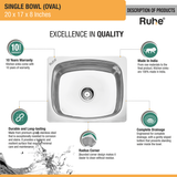 Oval Single Bowl (20 x 17 x 8 inches) 304-Grade Kitchen Sink description of product