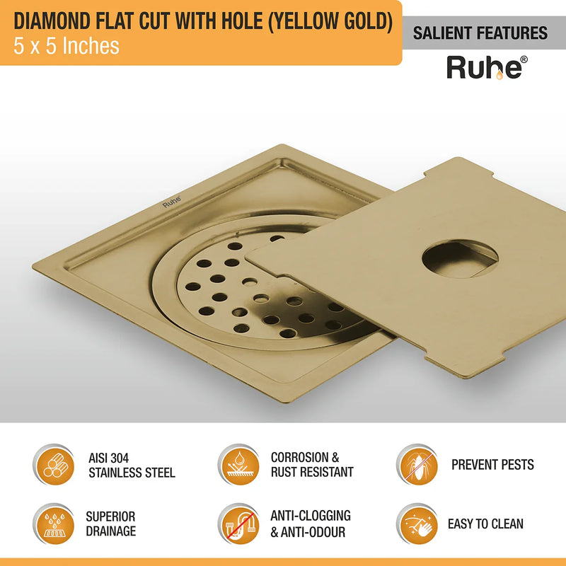 Diamond Square Flat Cut Floor Drain in Yellow Gold PVD Coating (5 x 5 Inches) with Hole - by Ruhe