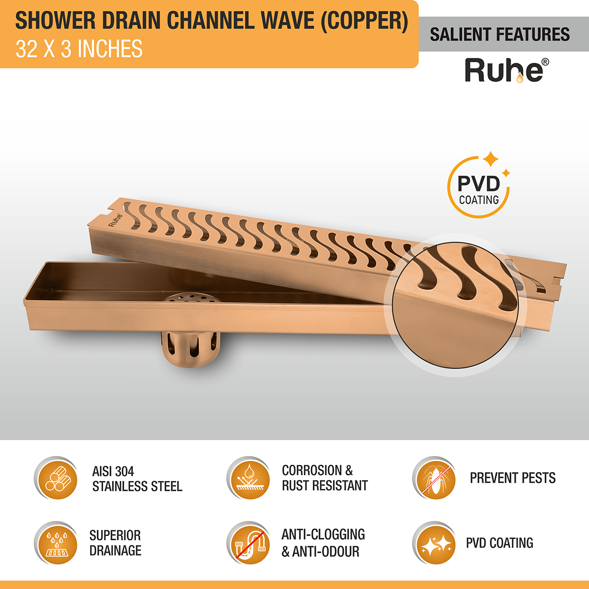 Wave Shower Drain Channel (32 x 3 Inches) ROSE GOLD PVD Coated - by Ruhe®