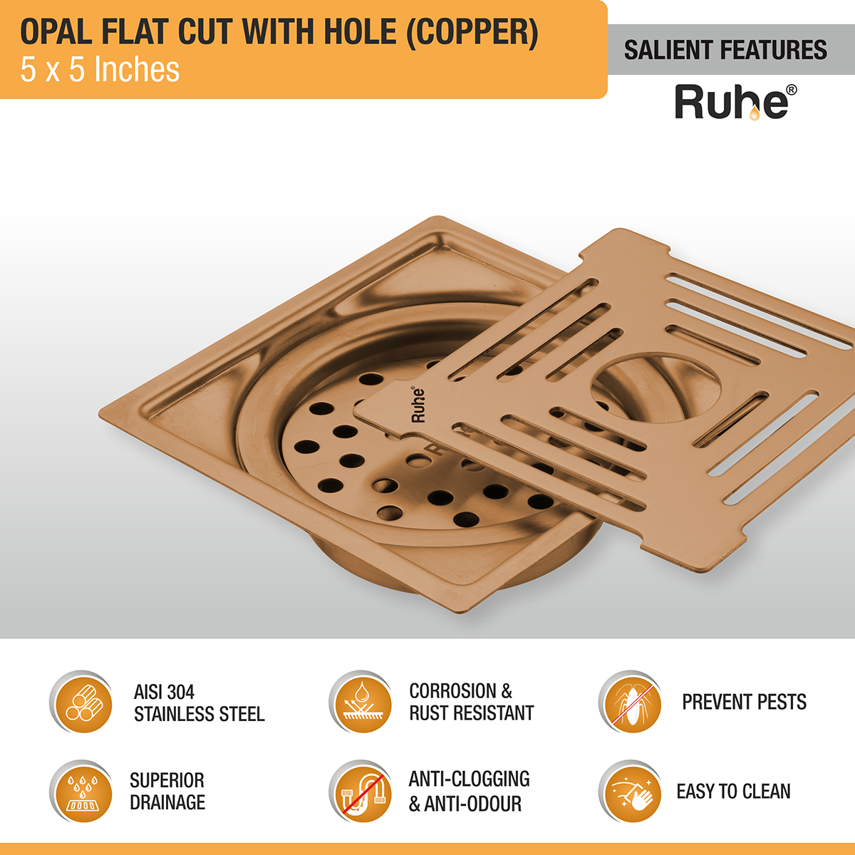 Opal Square Flat Cut Floor Drain in Antique Copper PVD Coating (6 x 6 Inches) with Hole - by Ruhe®