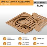 Opal Square Flat Cut Floor Drain in Antique Copper PVD Coating (6 x 6 Inches) with Hole features