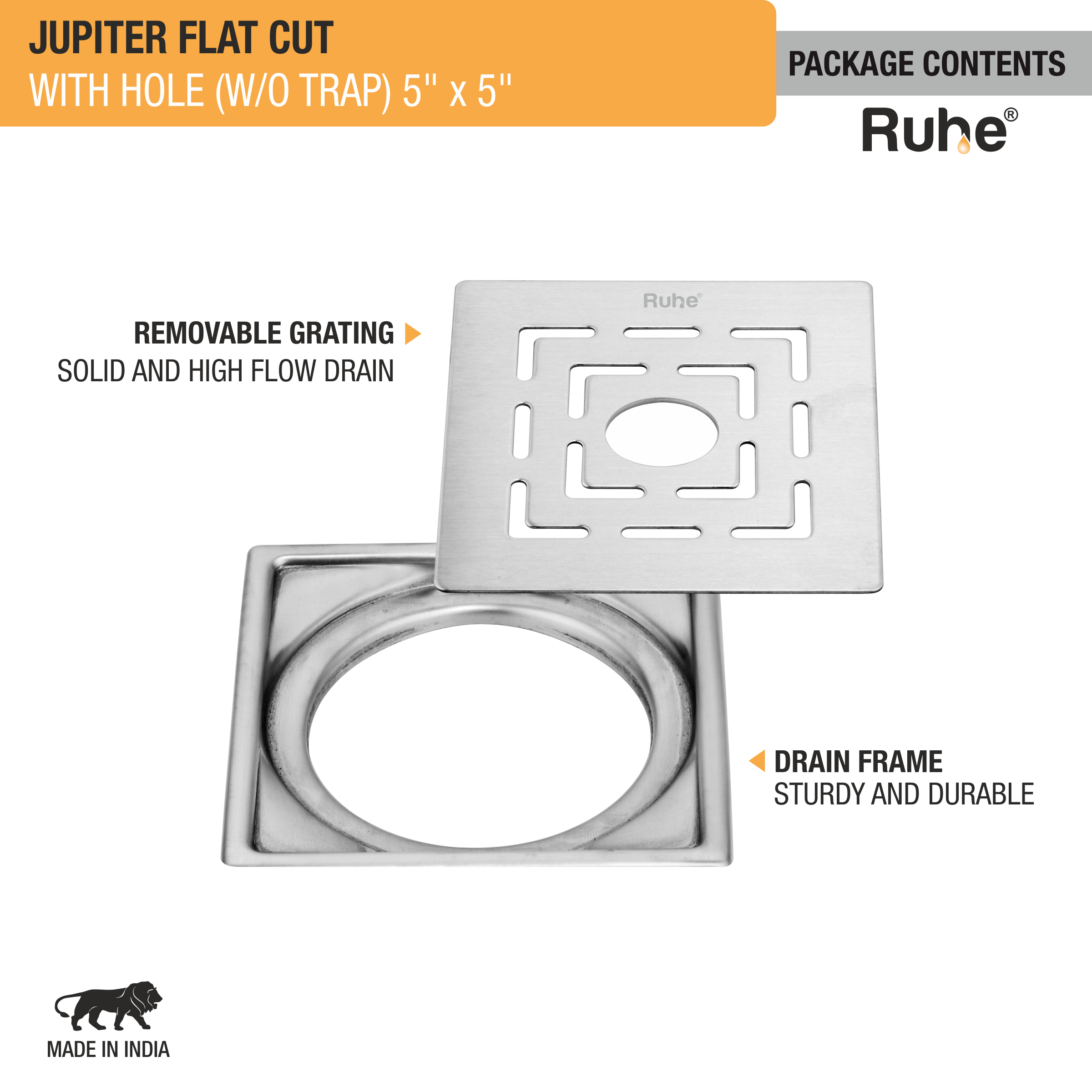 Jupiter Square Premium Flat Cut Floor Drain (5 x 5 Inches) with Hole package content