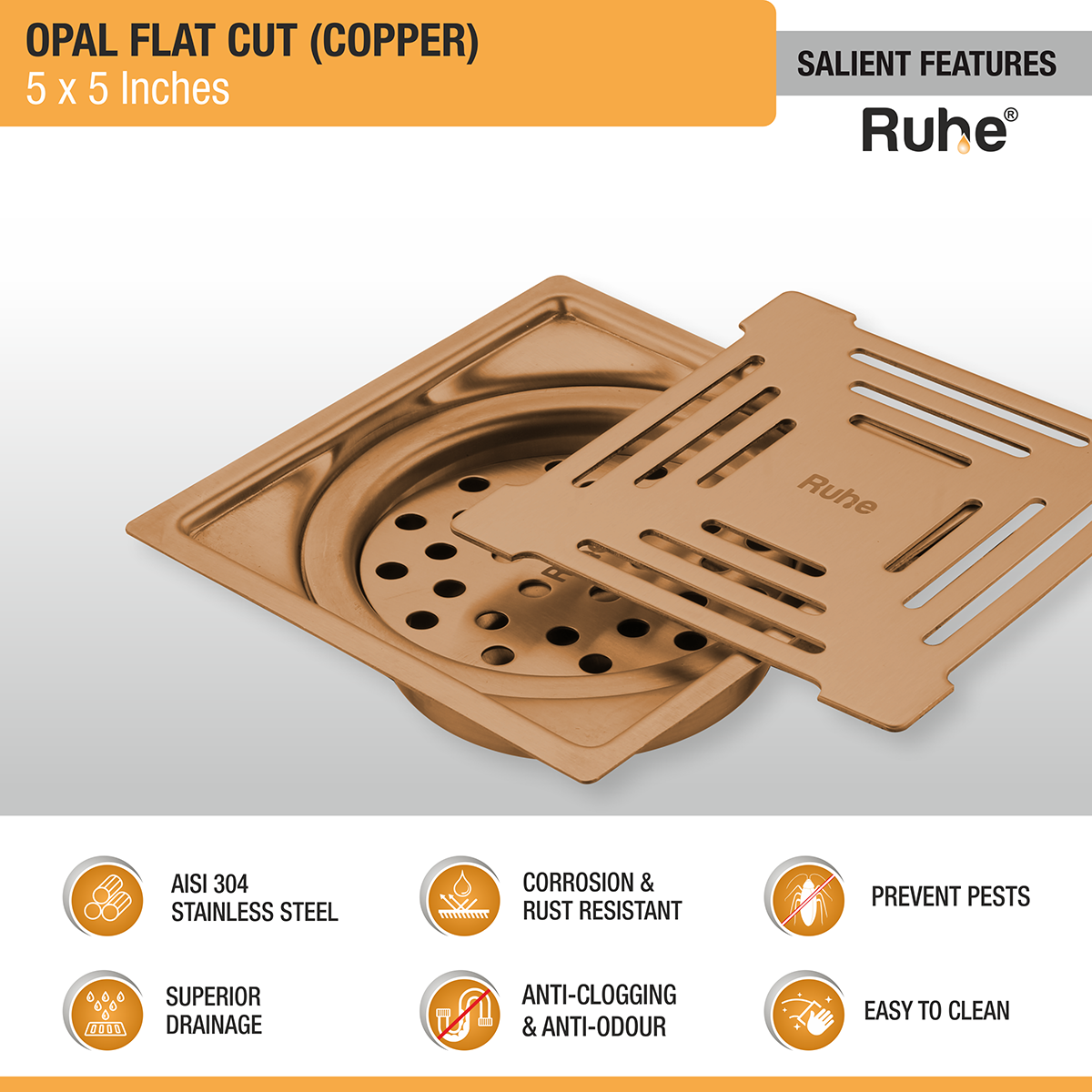 Opal Square Flat Cut Floor Drain in Antique Copper PVD Coating (5 x 5 Inches) - by Ruhe®