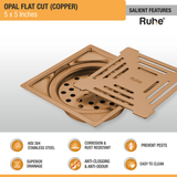 Opal Square Flat Cut Floor Drain in Antique Copper PVD Coating (5 x 5 Inches) features