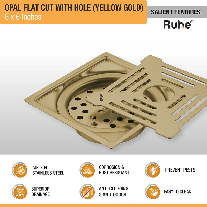 Opal Square Flat Cut Floor Drain in Yellow Gold PVD Coating (6 x 6 Inches) with Hole - by Ruhe