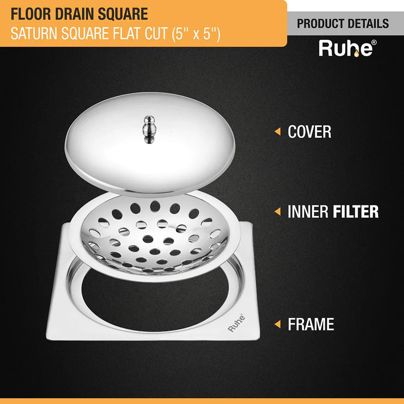 Saturn Square Flat Cut Floor Drain (5 x 5 Inches) with Lid - by Ruhe