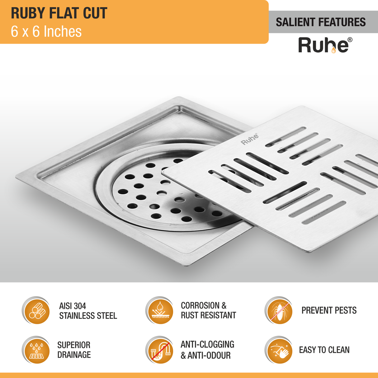 Ruby Square Flat Cut 304-Grade Floor Drain with Cockroach Trap (6 x 6 Inches) - by Ruhe®