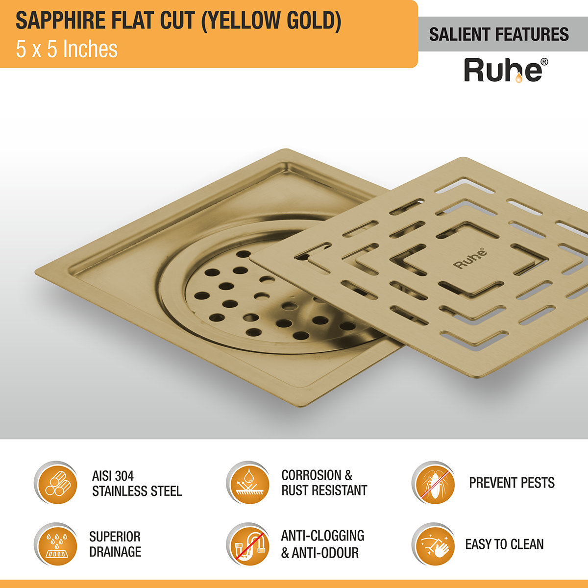 Sapphire Square Flat Cut Floor Drain in Yellow Gold PVD Coating (5 x 5 Inches) - by Ruhe