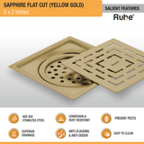 Sapphire Square Flat Cut Floor Drain in Yellow Gold PVD Coating (5 x 5 Inches) features