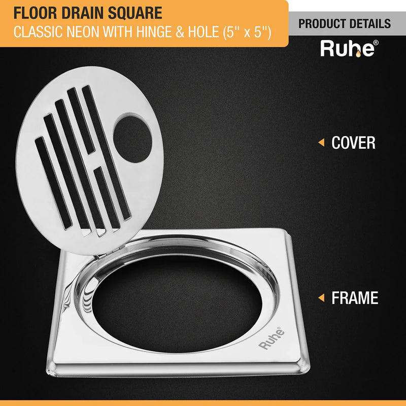 Classic Neon Square Floor Drain (5 x 5 inches) with Hole and Hinged Grating Top - by Ruhe