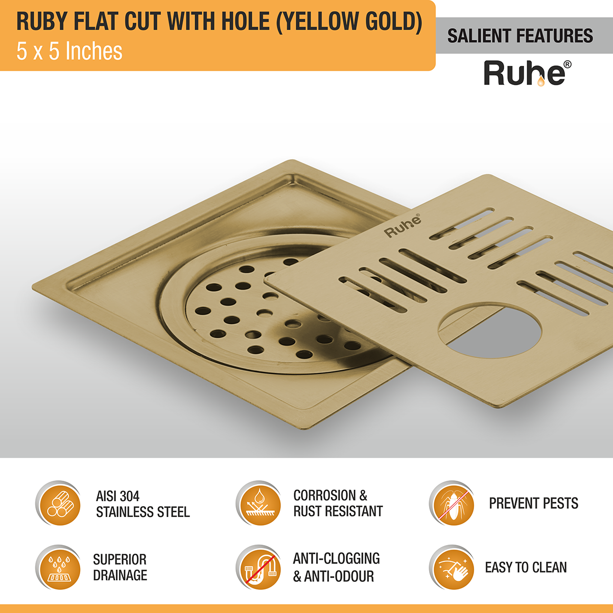 Ruby Square Flat Cut Floor Drain in Yellow Gold PVD Coating (5 x 5 Inches) with Hole features