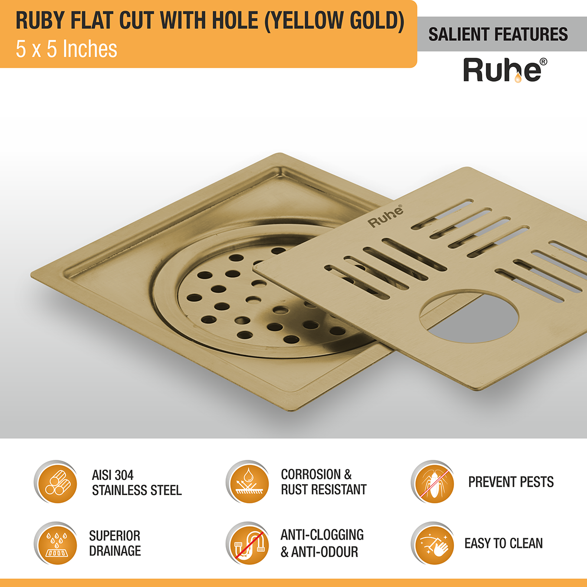 Ruby Square Flat Cut Floor Drain in Yellow Gold PVD Coating (5 x 5 Inches) with Hole - by Ruhe®