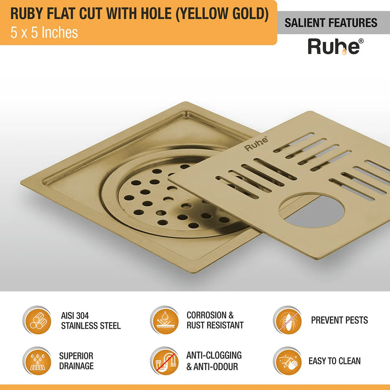 Ruby Square Flat Cut Floor Drain in Yellow Gold PVD Coating (5 x 5 Inches) with Hole - by Ruhe