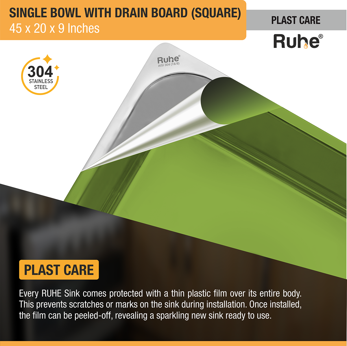 Square Single Bowl (45 x 20 x 9 Inches) 304-Grade Stainless Steel Kitchen Sink with Drainboard plast care