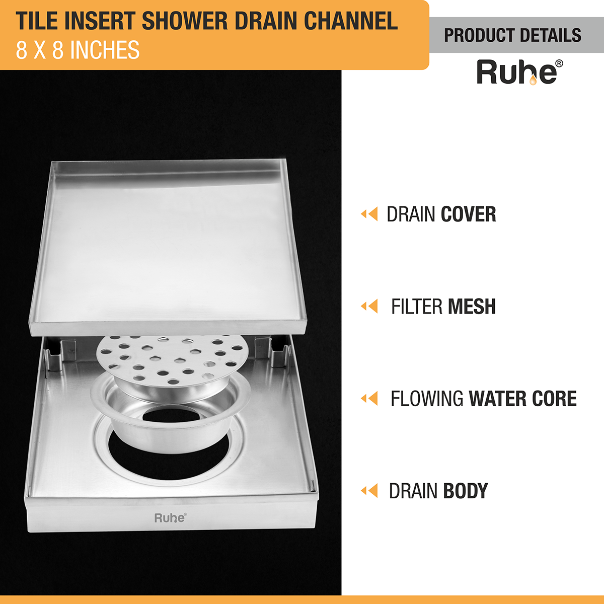 Tile Insert Shower Drain Channel (8 x 8 Inches) with Cockroach Trap (304 Grade) - by Ruhe®