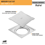 Mercury Square Premium Flat Cut Floor Drain (5 x 5 Inches) pachage contents