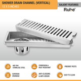 Vertical Shower Drain Channel (12 x 5 Inches) with Cockroach Trap (304 Grade) features