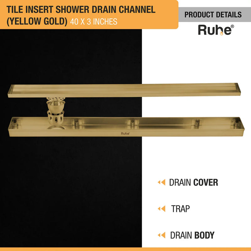 Tile Insert Shower Drain Channel (40 x 3 Inches) YELLOW GOLD PVD Coated - by Ruhe