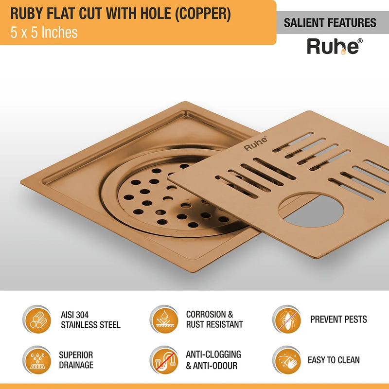 Ruby Square Flat Cut Floor Drain in Antique Copper PVD Coating (5 x 5 Inches) with Hole - by Ruhe