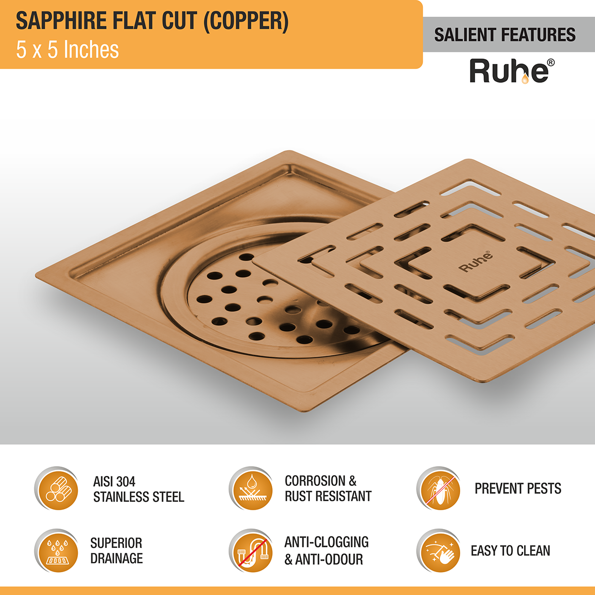 Sapphire Square Flat Cut Floor Drain in Antique Copper PVD Coating (5 x 5 Inches) - by Ruhe