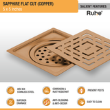Sapphire Square Flat Cut Floor Drain in Antique Copper PVD Coating (5 x 5 Inches) features