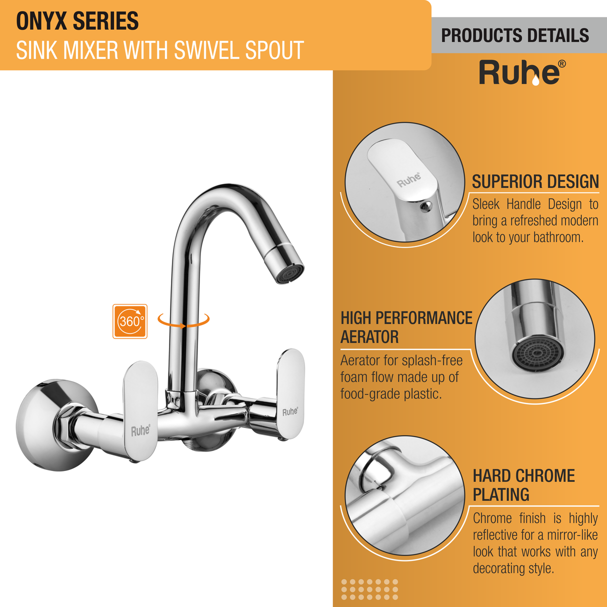 Onyx Sink Mixer with Small (7 inches) Round Swivel Spout Faucet product details